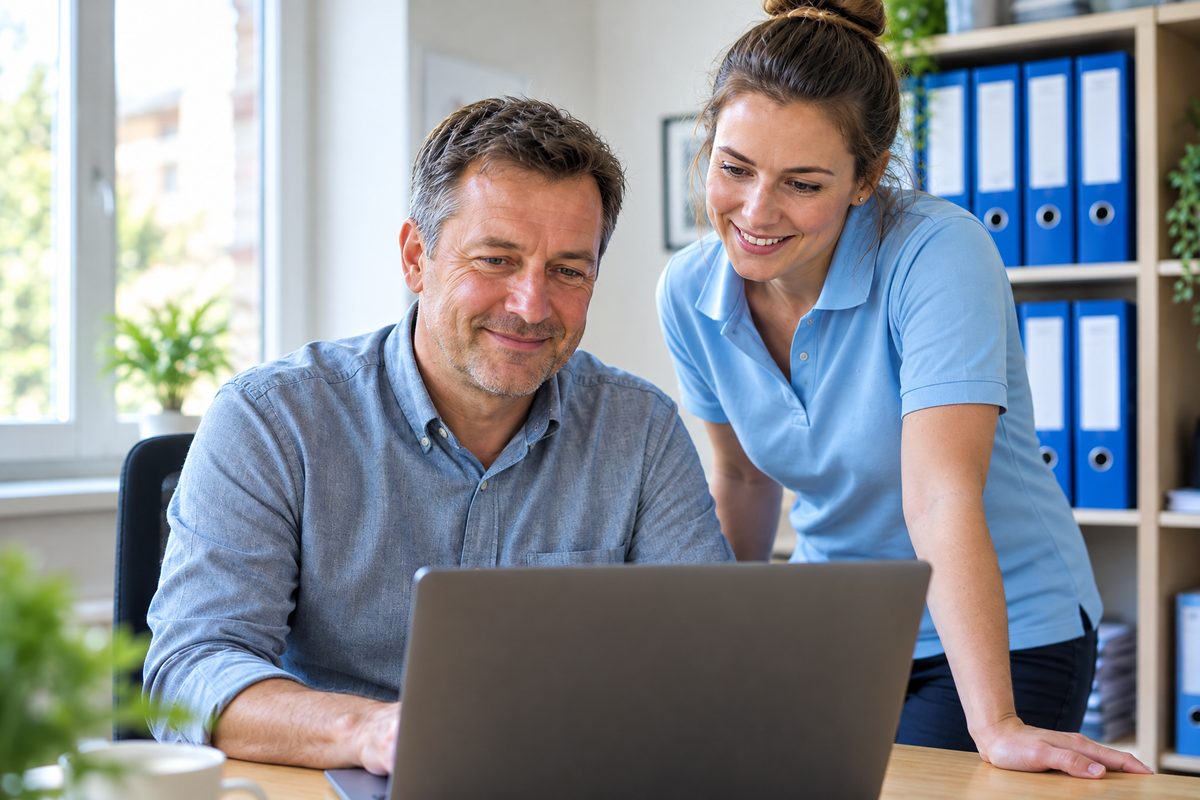 Pflegedienstleitung und Pflegefachkraft schauen gemeinsam auf einen Laptop